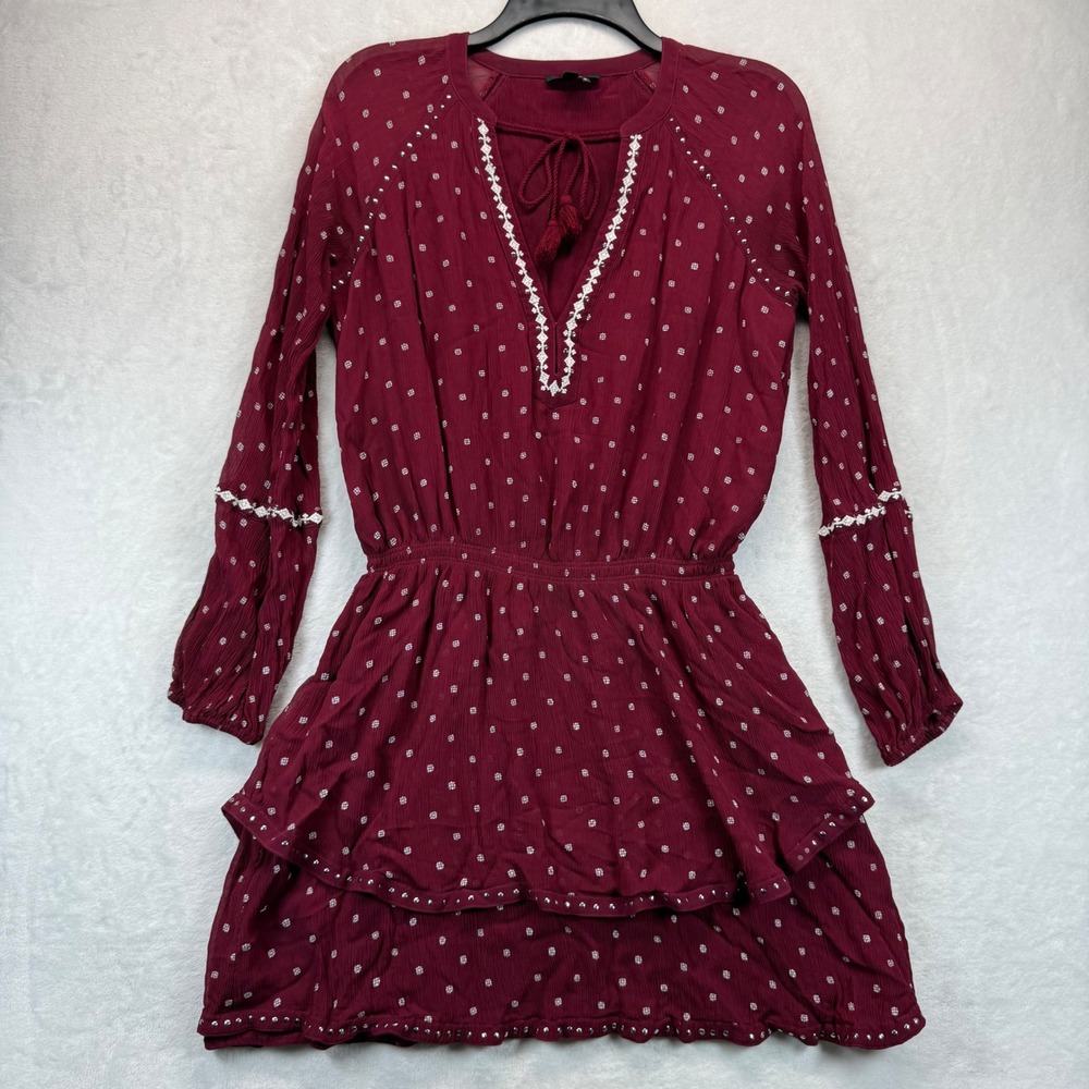 Paige Shanti Mini Dress Tiered Ruffle Long Sleeve Maroon White Medallion Print S